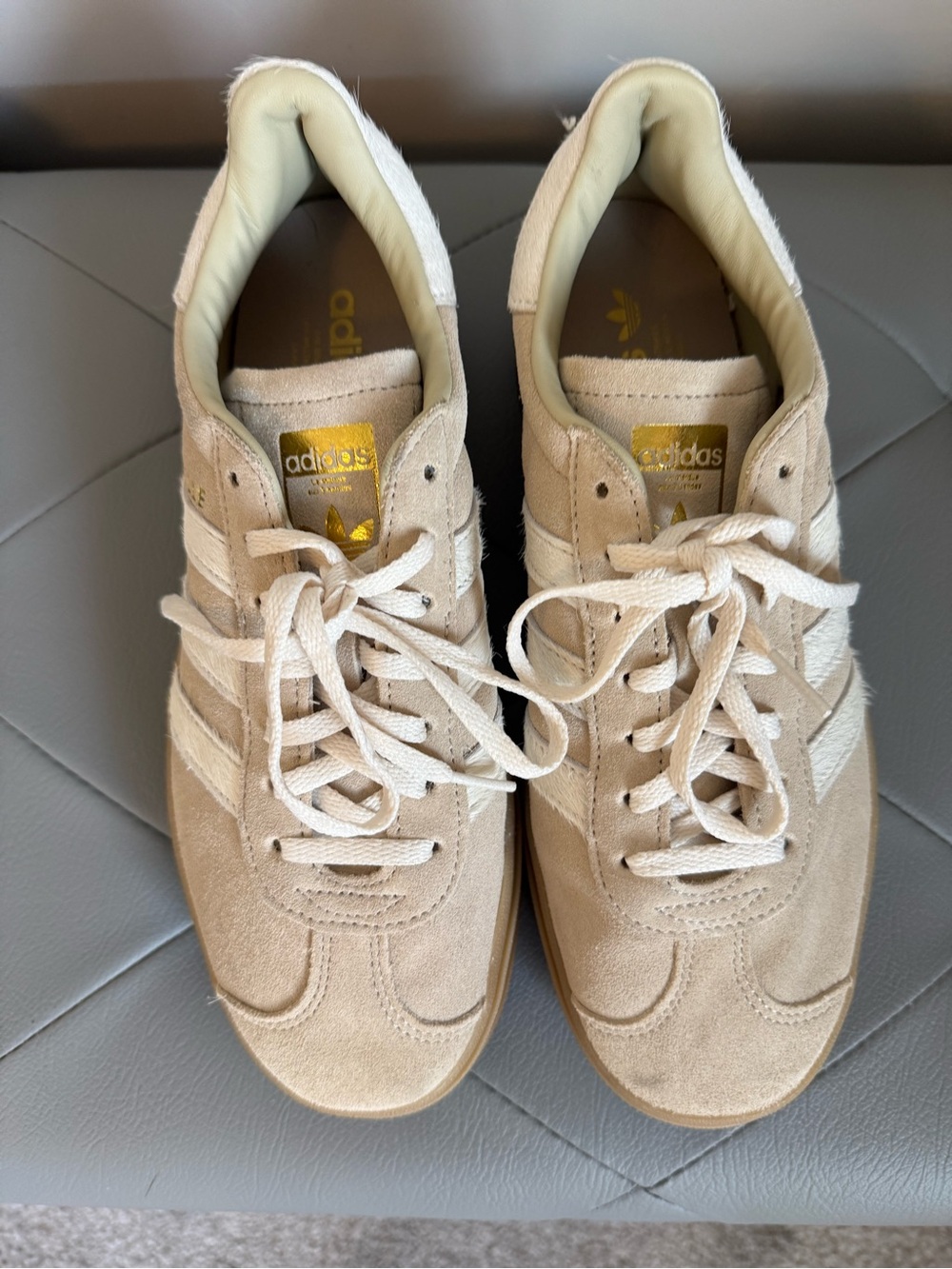 adidas Women’s Tan Suede Sneakers with White Stripes